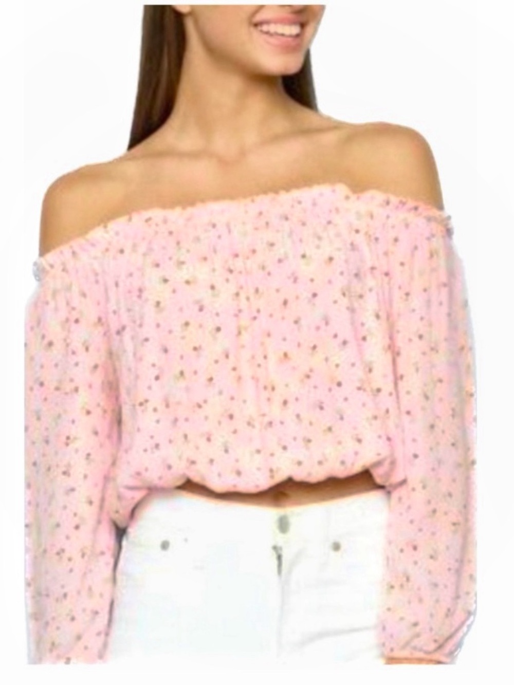 Brandy Melville Pink Floral Off Shoulder Peasant Bishop Long Sleeve Maura Top